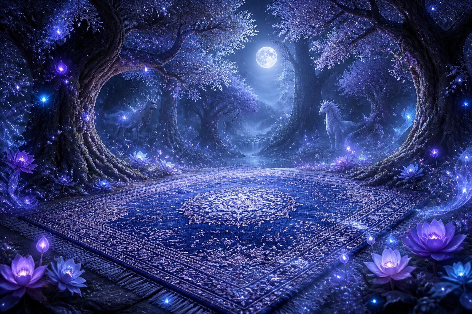 Une clairière de forêt paisible avec un grand tapis décoré posé au sol, entourée d'arbres anciens et de lumières flottantes.
